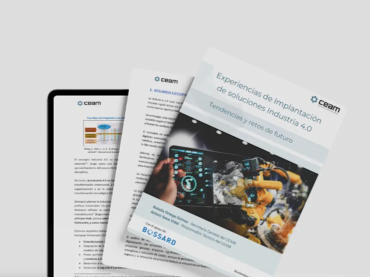 Tres folletos digitales en una pantalla de tablet, con soluciones de Industria 4.0 en temas de color azul y blanco.