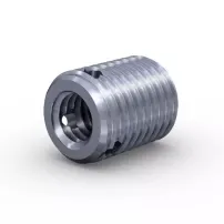 Silver FASTEKS metal threaded insert with precise internal and external thread structure on a white background.