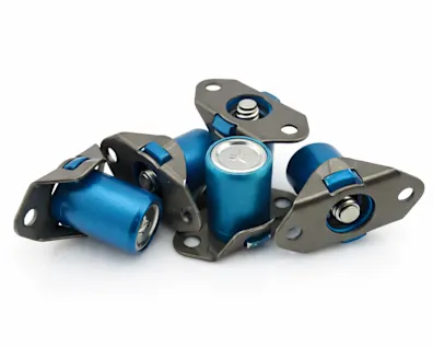 Blue and grey parts with anodic treatment on white background
