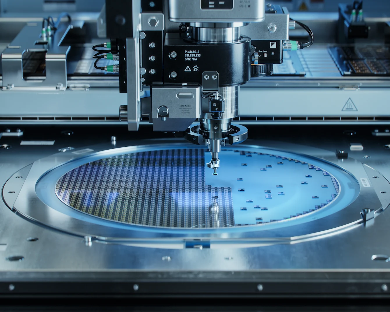 Siliconen dies worden verwijderd door een halfgeleider wafermachine.