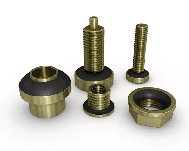 A group of different fastening elements in brass color with black Nyplas under-head sealing coating applied