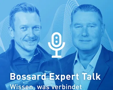 Porträtbild zweier Experten mit Mikrofon-Symbol in der Mitte und Text 'Bossard Expert Talk' auf blauem Hintergrund.