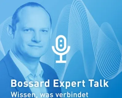 Bossard Expert Talk Podcast-Cover mit Experten Daniel Schäfer auf blauem Hintergrund