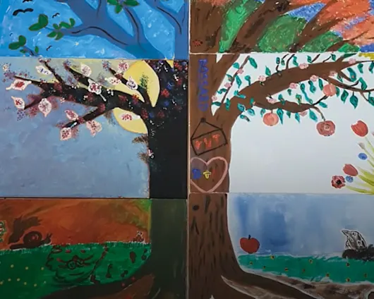 An image composed of 6 smaller images forming a tree pattern in various colors.