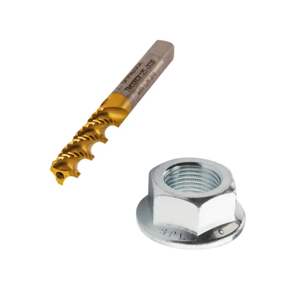 Zwei Spiralock Verbindungstechnologie Elemente, eine Sechskantflanschmutter und ein Gewindeschneidwerkzeug auf weißem Hintergrund.