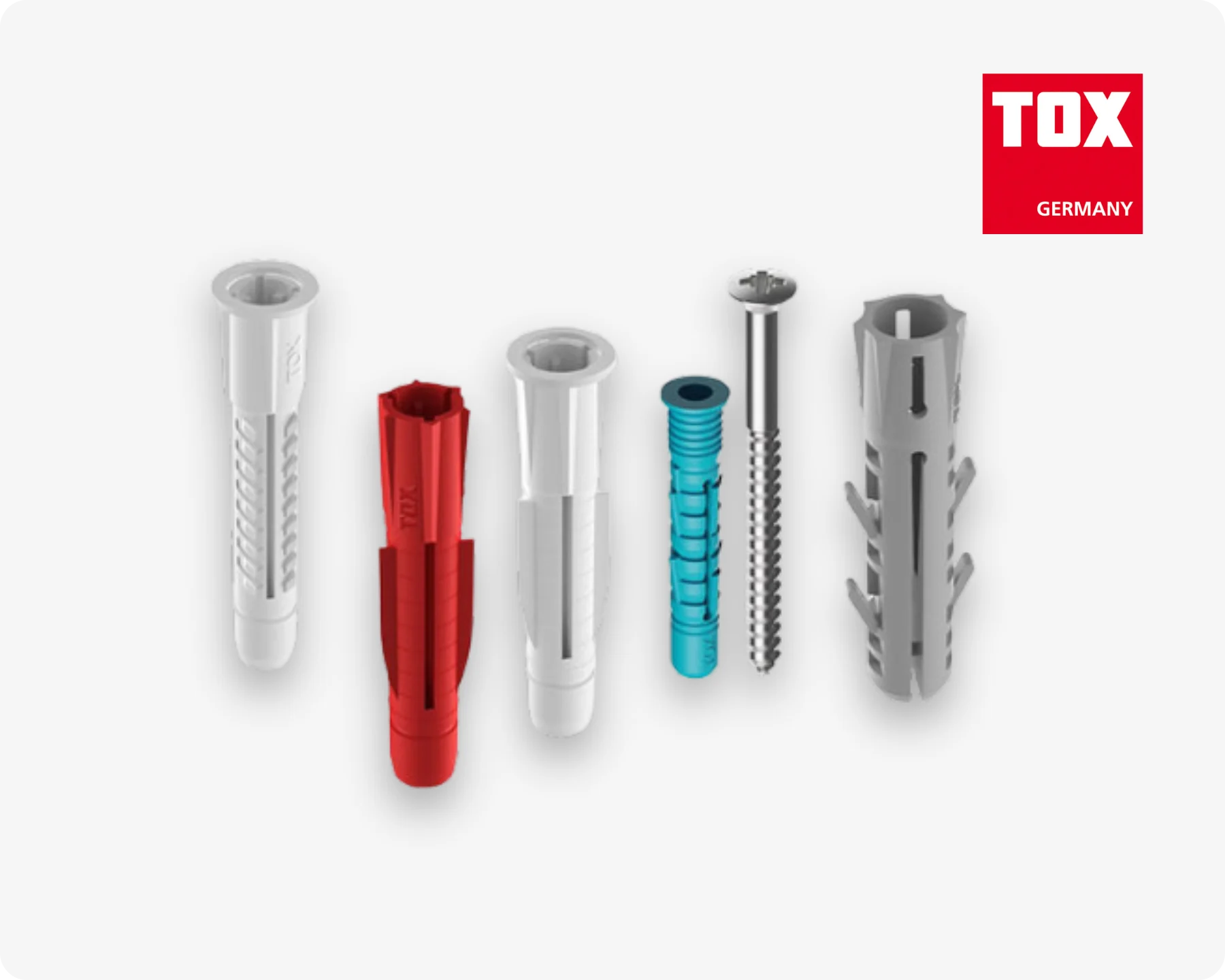 Different Tox wall anchors, including all purpose anchors, sealing plugs and more.
