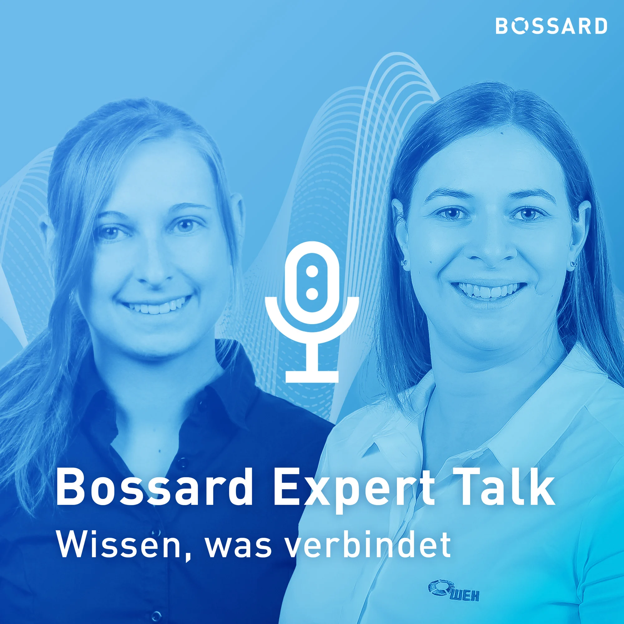 Key Visual zum „Bossard Expert Talk“ mit den Expertinnen Jennifer Kunze und Jennifer Zoller. Beide blicken in die Kamera, mittig ist das Bossard-Mikrofon-Symbol platziert.