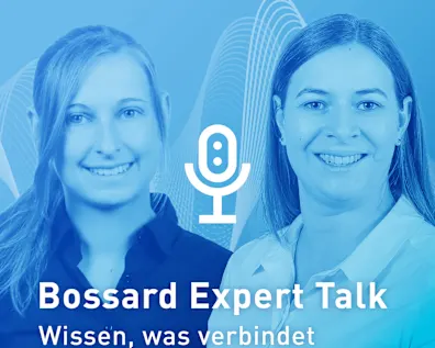 Key Visual zum „Bossard Expert Talk“ mit den Expertinnen Jennifer Kunze und Jennifer Zoller. Beide blicken in die Kamera, mittig ist das Bossard-Mikrofon-Symbol platziert.