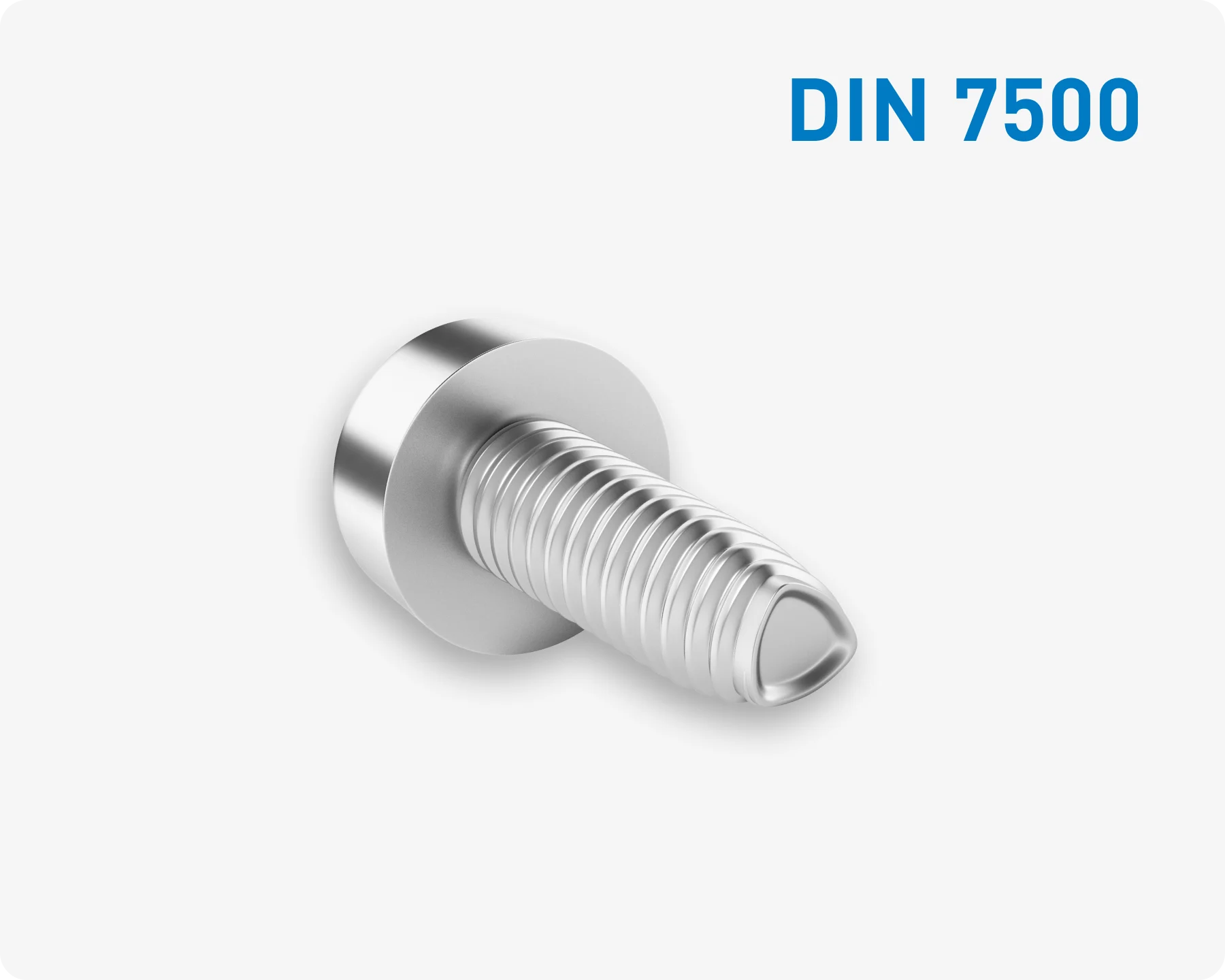 Close-up of a DIN 7500 screw - an ISO metric thread-forming screw for metals - on a light grey background.