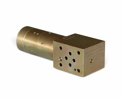A bronze colored miniBOOSTER HC3 single-acting pressure intensifier on white background