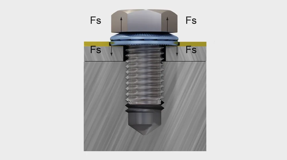 Un'immagine con una vite, accompagnata da una rondella Nord-Lock X-series, che evidenzia la loro connessione meccanica e funzionalità.