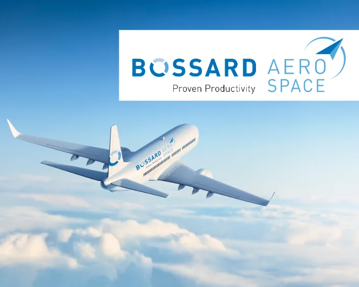Airplane with Bossard Aerospace logo in the sky with logo overlay