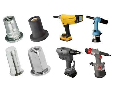 Verschiedene Blindnietmuttern und Setzwerkzeuge für faserverstärkte Kunststoffe.