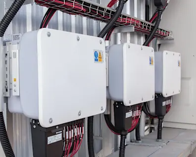 Cajas de conexiones eléctricas blancas montadas en pared con cables rojos y negros en bandejas de gestión de cables y conducto negro