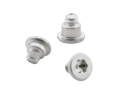 Three TS4™ microPEM® TackScrew™ fasteners for sheet-to-sheet fastening on white background