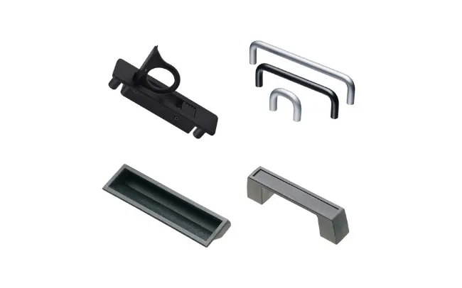 Mehrere verschiedene Beispiele für Southco-Griffe und -Züge, einschließlich Metallgriffe und schwarze Kunststoffgriffe.