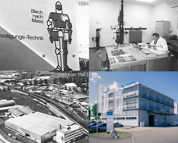 Collage historischer und aktueller Bilder von Bossard, darunter ein altes Firmengebäude, ein Labor, moderner Unternehmenssitz
