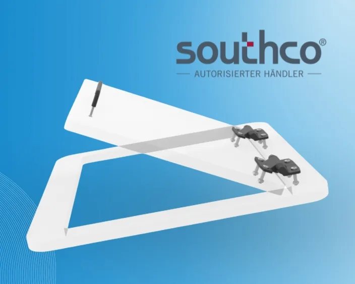 Southco Scharnier mit integrierter Verschlussfunktion, montiert auf weißer Klappe
