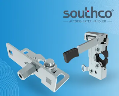 Zwei silberne Southco® Rotary-Schnappriegelverschlüsse auf blauem Hintergrund: R4-15 in kompakter Bauform und R4-50 mit Hebel und zwei Auslösern.