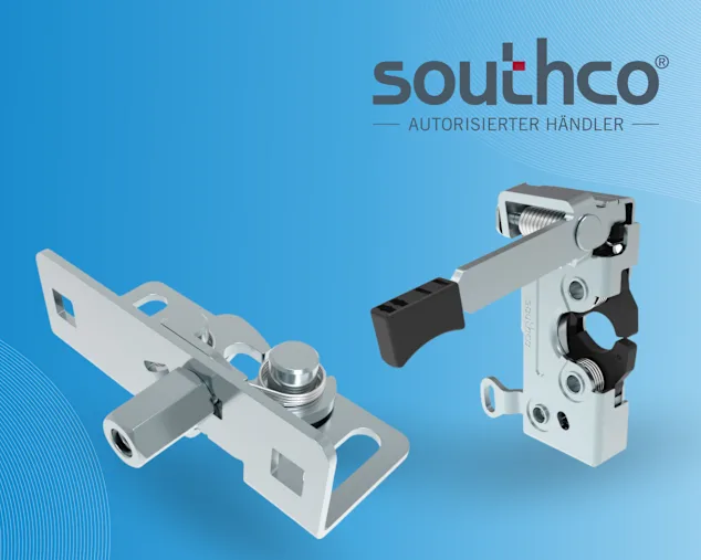 Zwei silberne Southco® Rotary-Schnappriegelverschlüsse auf blauem Hintergrund: R4-15 in kompakter Bauform und R4-50 mit Hebel und zwei Auslösern.