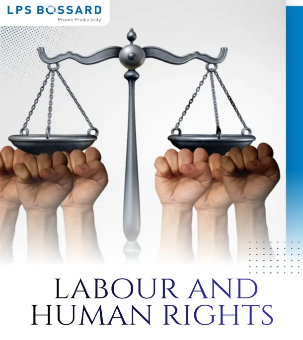 Scales of justice held by raised fists, symbolizing labor and human rights, with a company logo and text "Labour and human Rights" below.