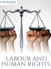 Scales of justice held by raised fists, symbolizing labor and human rights, with a company logo and text "Labour and human Rights" below.