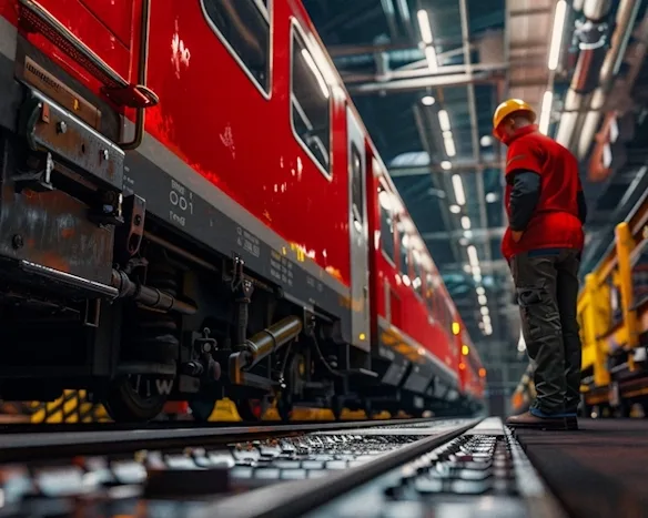Arbeiter in roter Schutzkleidung inspiziert einen roten Zug in einer großen Industriehalle