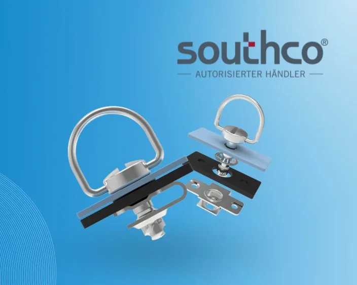 Southco Vierteldrehverschlüsse und Befestigungselemente in Montagesituationen, vor blauem Hintergrund mit Southco-Logo.