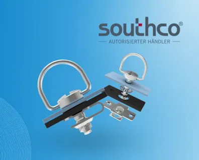 Southco Vierteldrehverschlüsse und Befestigungselemente in Montagesituationen, vor blauem Hintergrund mit Southco-Logo.