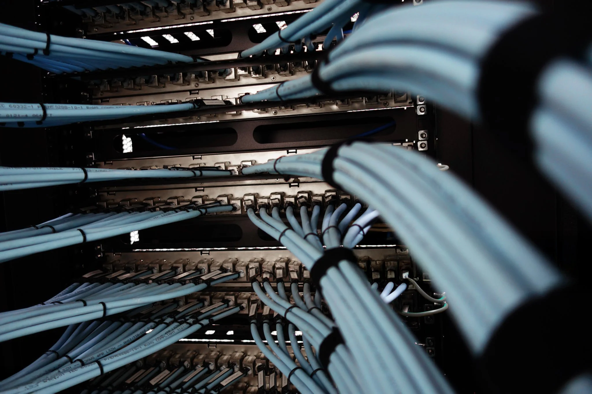 A row of data center server with ethernet cables, close-up