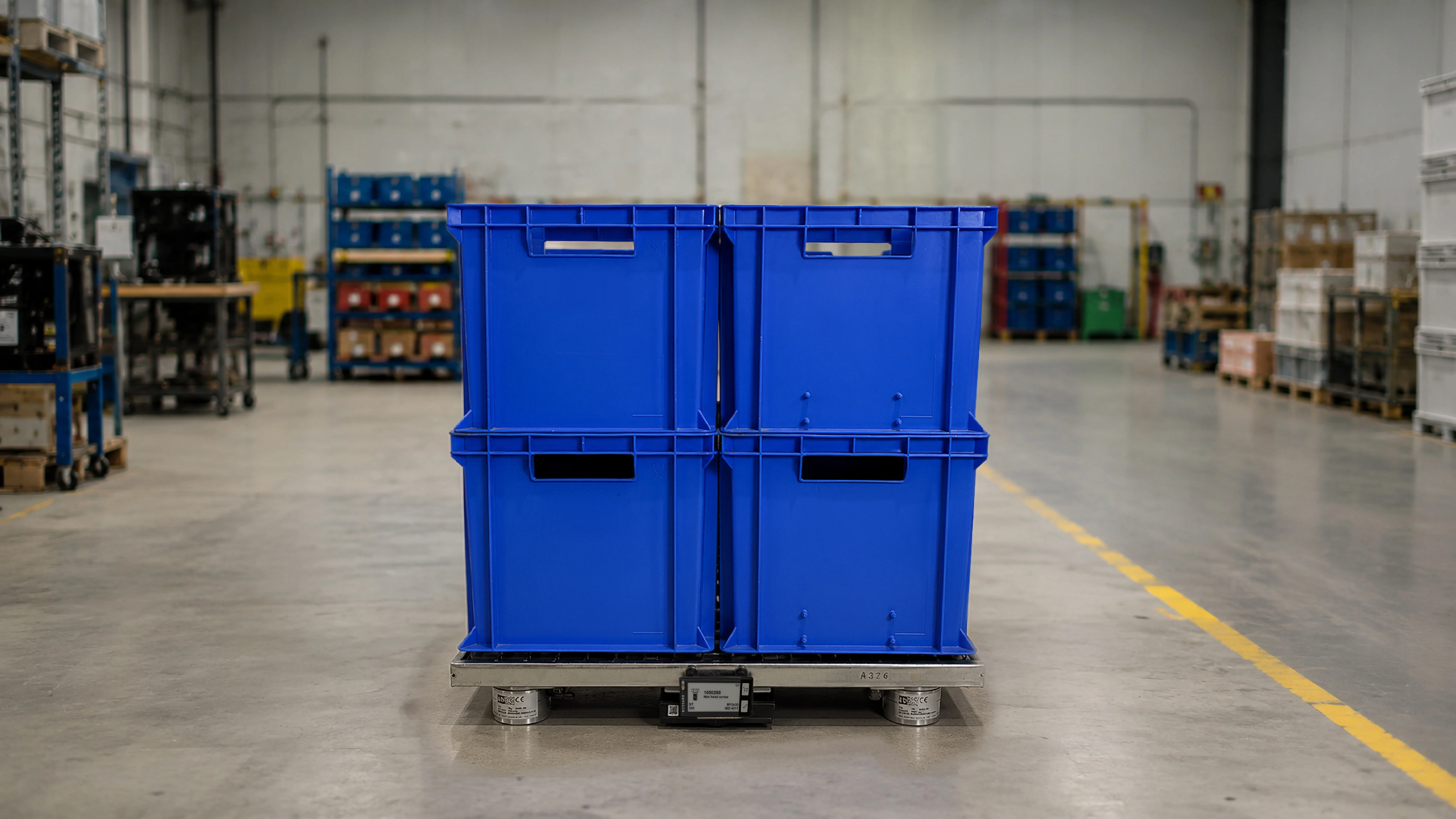 Contenedores de almacenamiento de plástico azul apilados en un sistema de palés inteligente en un almacén con estanterías y postes de seguridad amarillos en el suelo.
