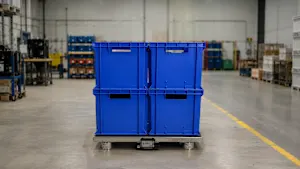 Bacs de stockage en plastique bleu empilés sur un système de palettes intelligent dans un entrepôt avec rayonnages et poteaux de sécurité jaunes au sol.
