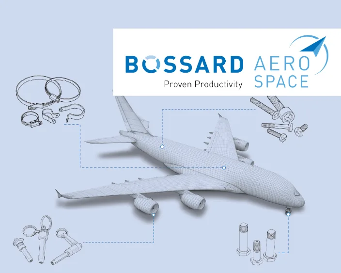 Abbildung von Flugzeugen und Befestigungslösungen mit dem Bossard Aerospace-Logo