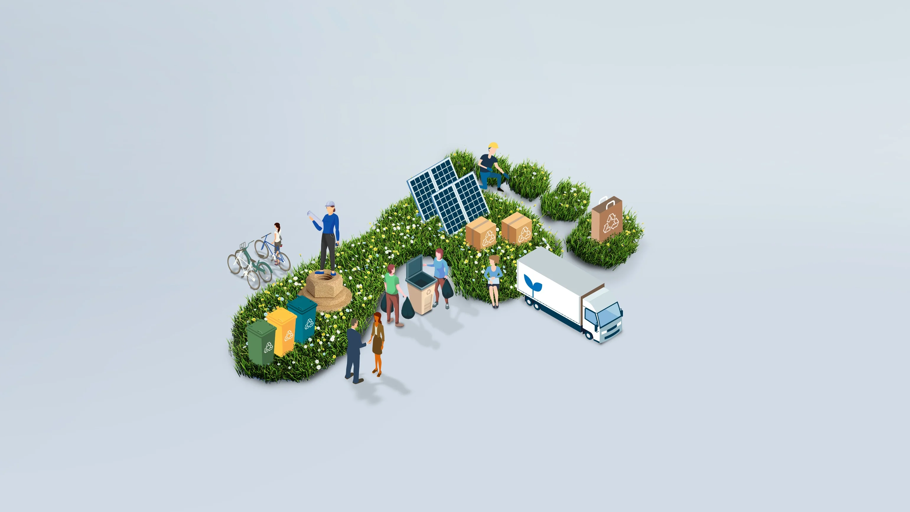 A group of people standing in a green space that has the shape of a footprint