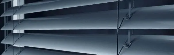 A close-up view of a window featuring white blinds partially drawn, allowing soft light to filter through.