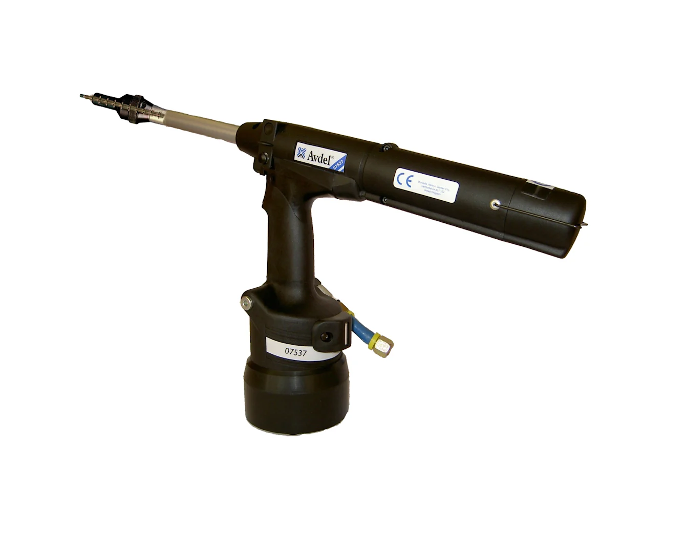 A black AVDEL® 7537 Hydropneumatic rivet tool for speed rivets on a white background.