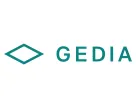 Logotipo con una forma de diamante color verde azulado a la izquierda y la palabra "GEDIA" en letras mayúsculas verde azulado a la derecha, sobre un fondo blanco.