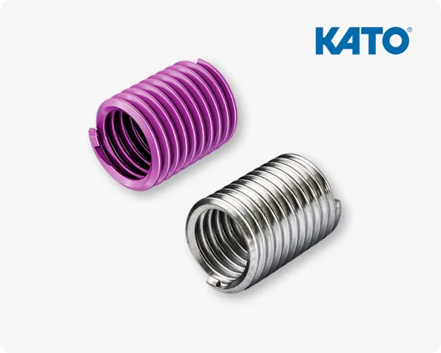 Two KATO wire thread inserts, one pink and one silver, with spiral structure on a light grey background and KATO logo in the top right corner..
