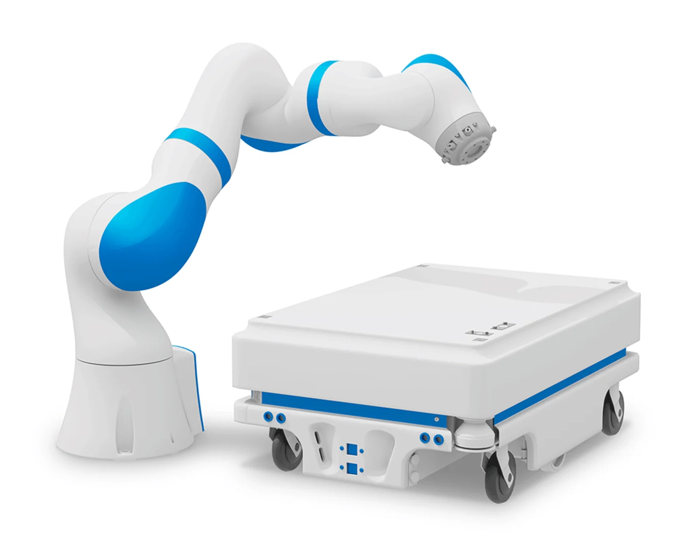 Hvit robotarm med blå detaljer festet til en base med hjul.