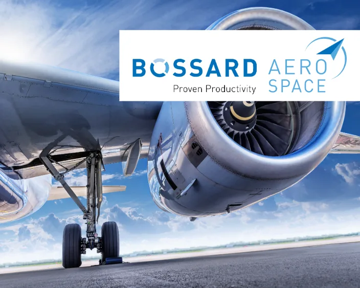 Aircraft engine image with Bossard Aerospace Logo on a white banner