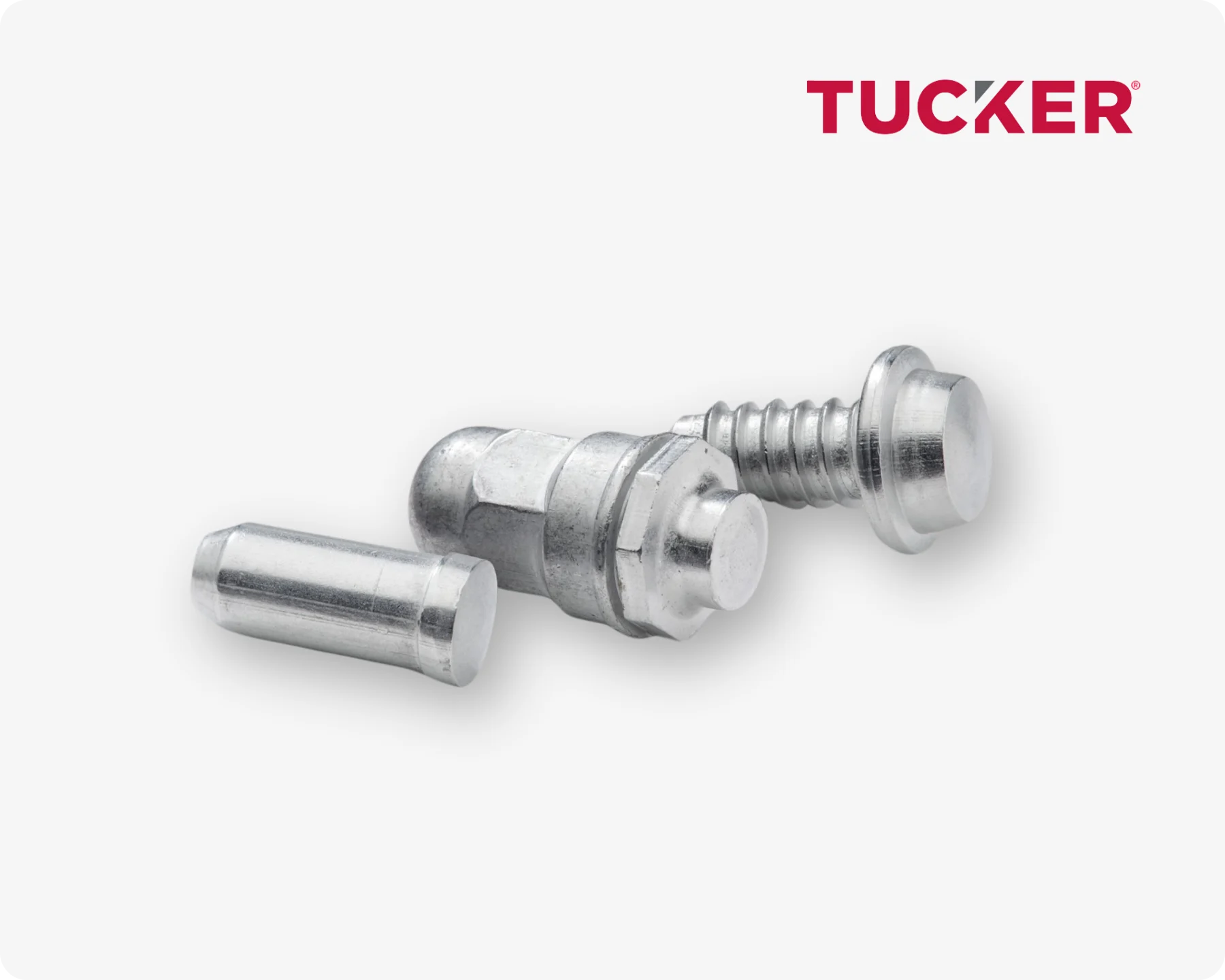 Three different types of welding studs by Tucker on a light grey background