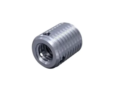 Silver FASTEKS metal threaded insert with three sharp cutting holes on a white background.