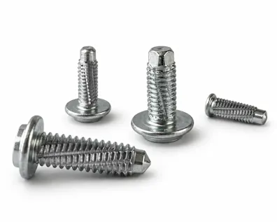 Four Tucker paint-clear studs for drawn-arc stud welding on white background