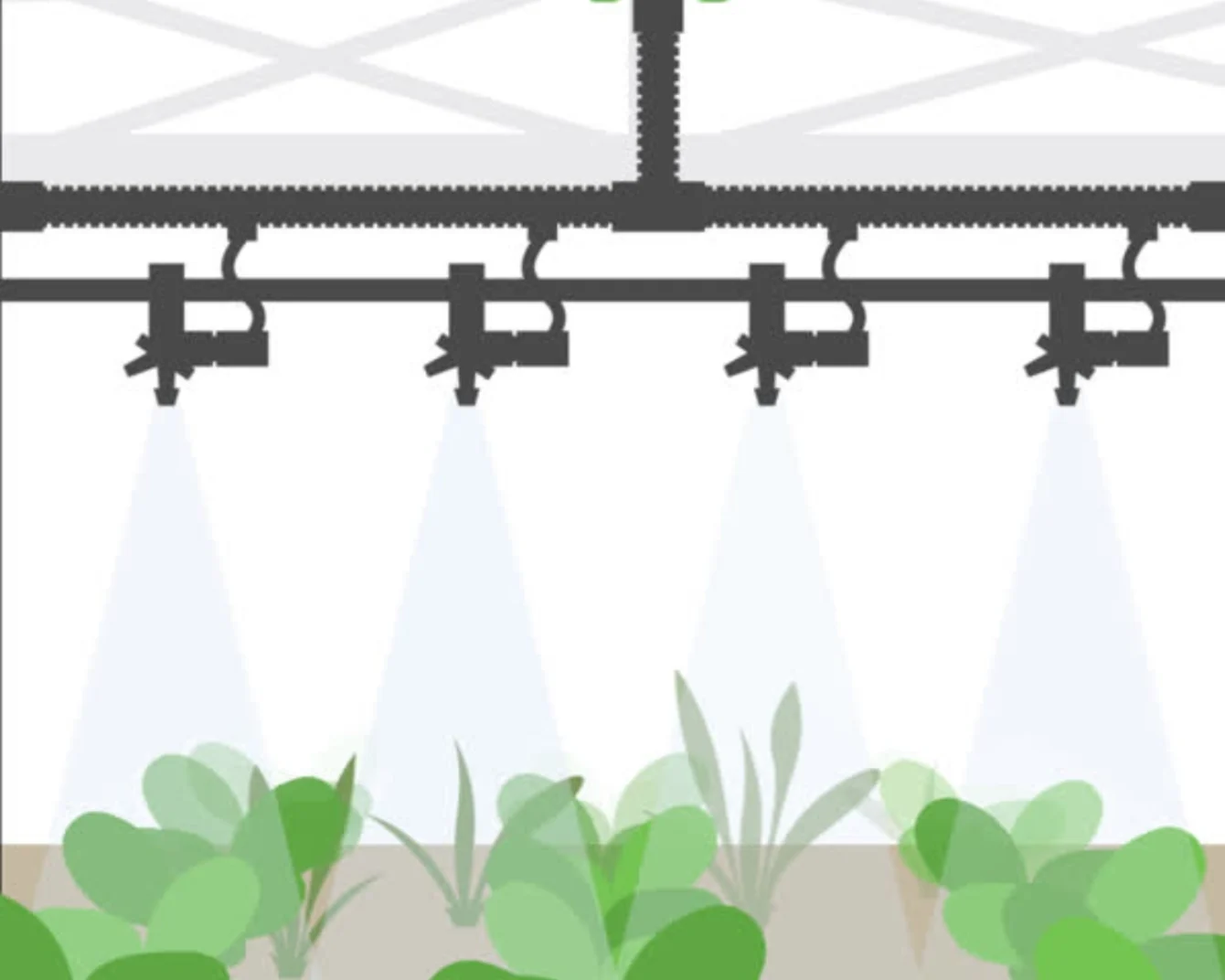 Cartoonstijl weed-it systeem met zwarte rail-gemonteerde sproeiers die op groene planten spuiten.