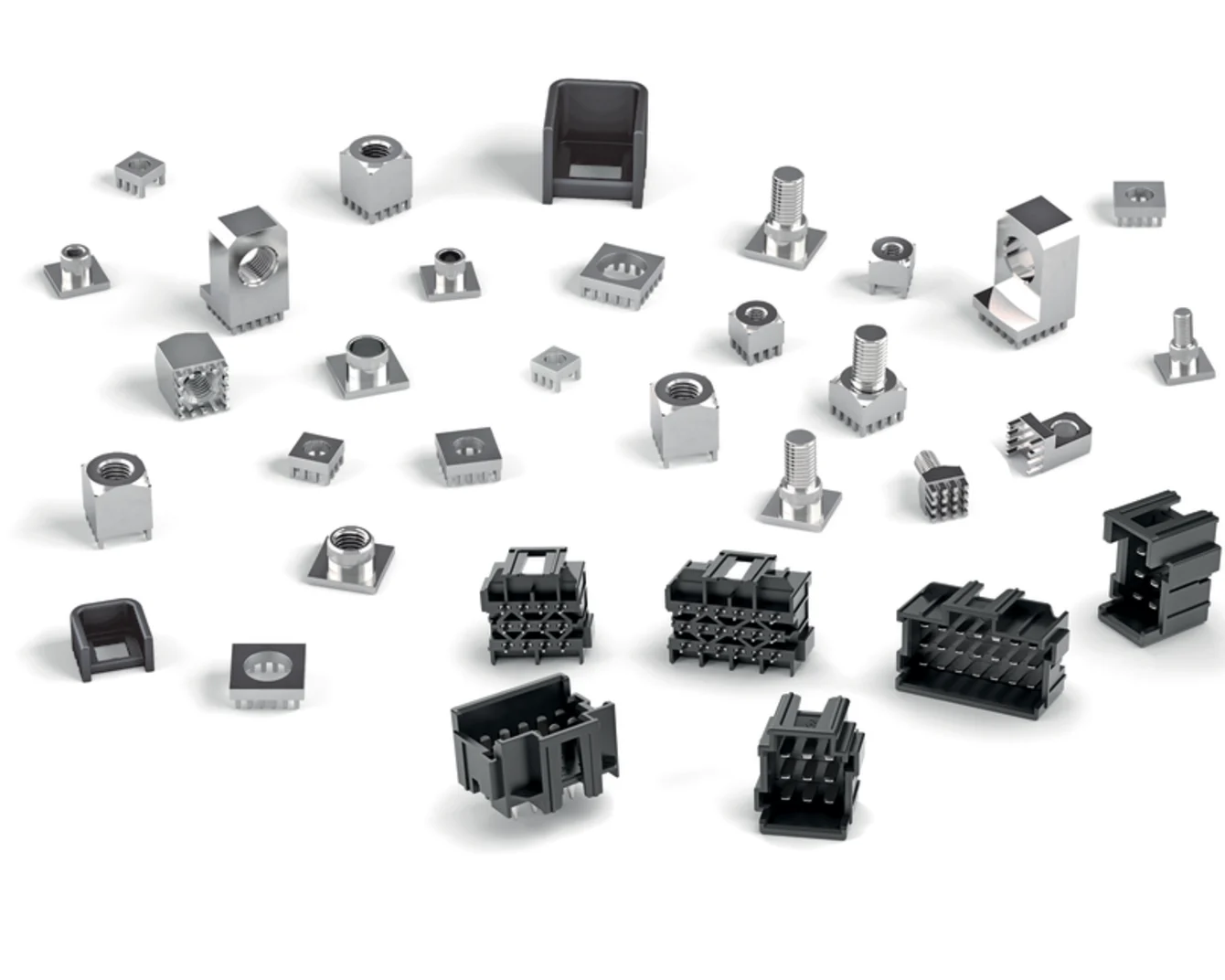 An overview of many different MTCONNECTIVITY power elements spread out on a white background.