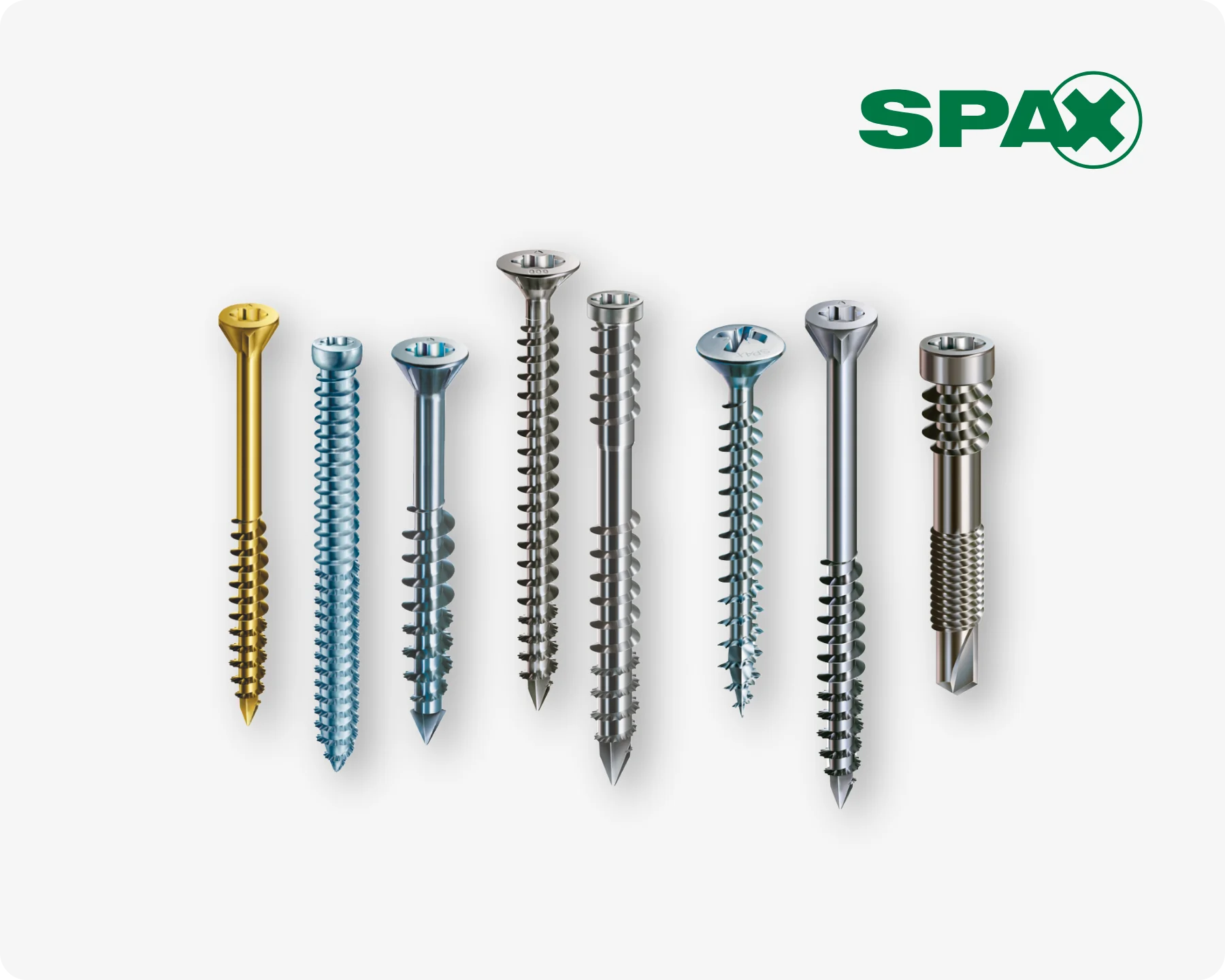 An ensemble of different types of Spax screws for indoor and outdoor applications, wood as well as window systems.