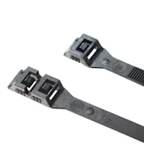 Two black Elematic Easy Belturing cable ties on white background