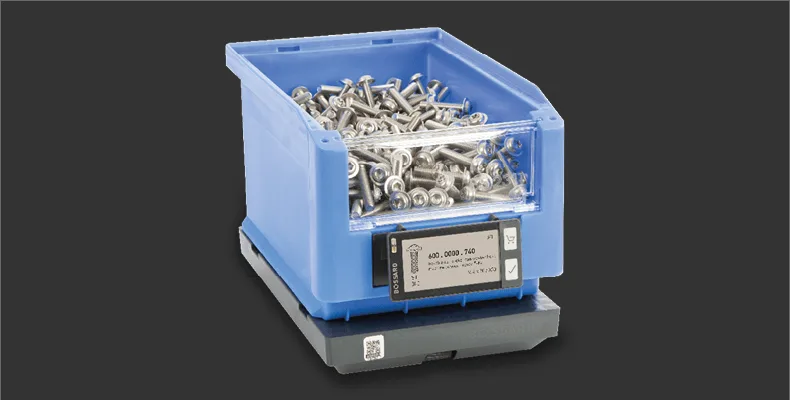 A blue Bossard Smartbin cloud box on black background