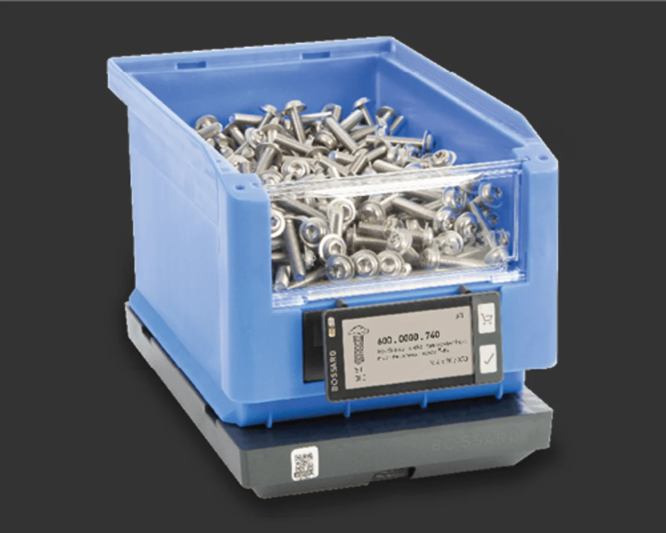 A blue Bossard Smartbin cloud box on black background