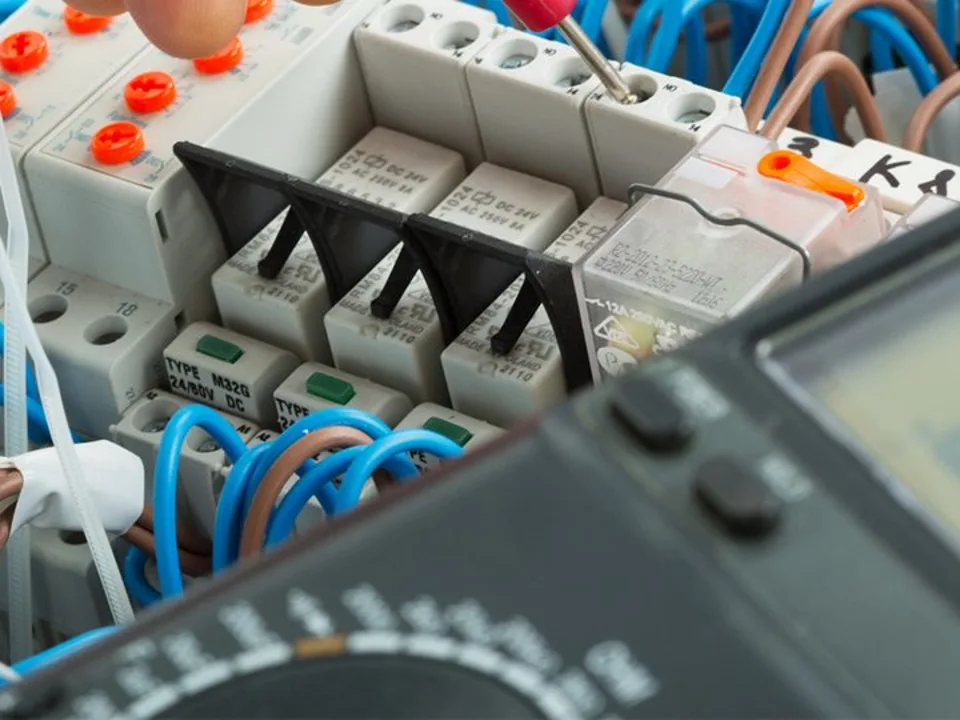 Nahaufnahme von elektrischen Verkabelungen und Geräten, die komplexe Verbindungen und wesentliche Komponenten für die Stromverteilung hervorheben.